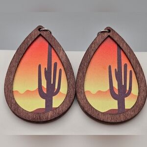 ✨2/$10✨ Handmade Western Wooden Teardrop Cactus Sunset Dangle Earrings